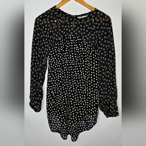 Women's Elodie Long-Sleeve Sheer Top - navy & cream Medium Romantic Bohemian - Picture 1 of 6